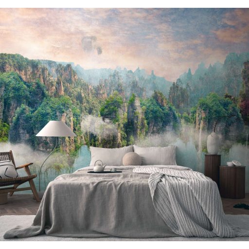 Varázslatos hegyvidéki táj sziklaormokkal fantasy ábrázolásban panoráma kék zöld barna és sokszínű tónus falpanel