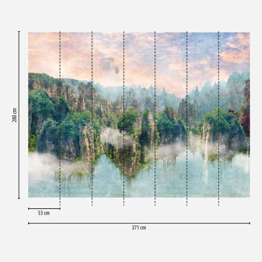 Varázslatos hegyvidéki táj sziklaormokkal fantasy ábrázolásban panoráma kék zöld barna és sokszínű tónus falpanel