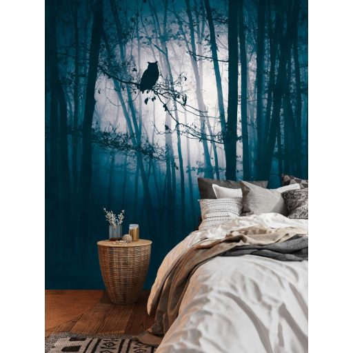 Pole pozícióban a bagoly körötte a kék fantasy erdő kék szürke fehér és fekete tónus falpanel