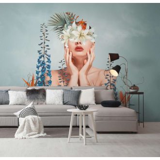   Világos gondolatok és virágos álmok - Női portré virágkoszorúval zöld kék korall és sokszínű tónus falpanel