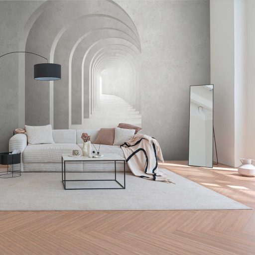 Találkozó az árkádos folyosó végén - 3D építészeti panoráma fehér krém szürke és krémszürke tónus falpanel