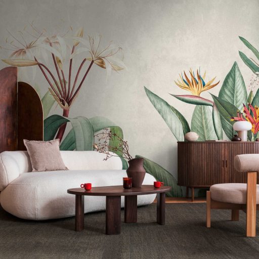 Gigantikus nagy levelű trópusi növények színpompás virágzata beton háttéren szürke zöld sárga és sokszínű tónus falpanel