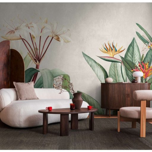 Gigantikus nagy levelű trópusi növények színpompás virágzata beton háttéren szürke zöld sárga és sokszínű tónus falpanel