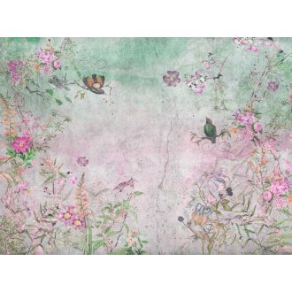   Virágzó levélágak és vidáman daloló madarak beton háttéren rózsaszín zöld és sokszínű tónus falpanel