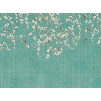   A madarak is ráéreztek - virágzó cseresznyeágak romantikus panorámája kék zöld krém és bézs tónus falpanel