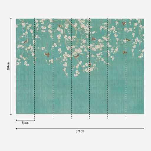 A madarak is ráéreztek - virágzó cseresznyeágak romantikus panorámája kék zöld krém és bézs tónus falpanel
