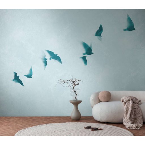 Felröppenő madarak plasztikus akvarell megjelenítése világoskék kék zöldeskék és türkiz tónus falpanel