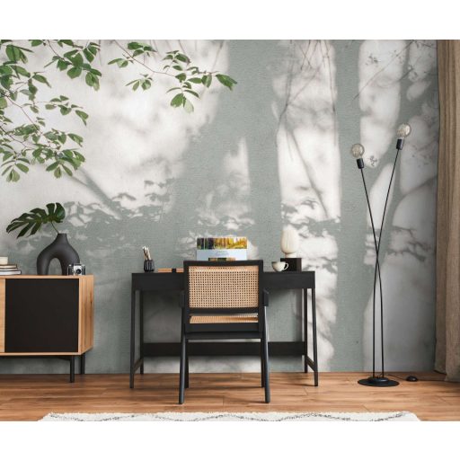 A fák felnagyított makro sziluettje behajló levélzettel panoráma fehér szürke és zöld tónus falpanel