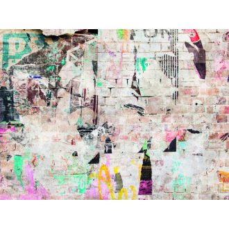   Tépett foszlányok a téglafalon - szines Graffiti panoráma bézs kék neonzöld és sokszínű tónus falpanel