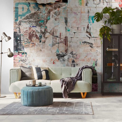 Tépett foszlányok a téglafalon - szines Graffiti panoráma bézs kék neonzöld és sokszínű tónus falpanel