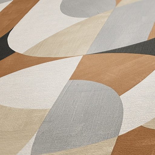 Változatos ívelt formák kissé absztrakt geometriai mintája fehér krém bézs szürke barna és fekete tónus tapéta