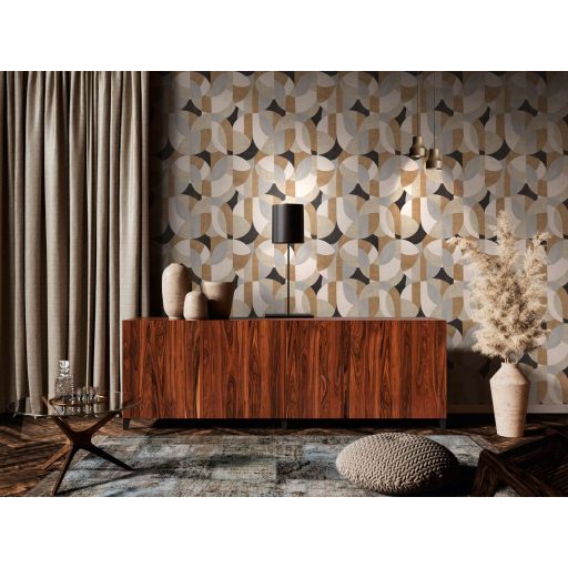 Változatos ívelt formák kissé absztrakt geometriai mintája fehér krém bézs szürke barna és fekete tónus tapéta