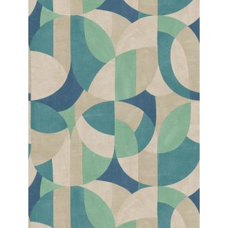   Változatos ívelt formák kissé absztrakt geometriai mintája krém bézs kék zöld és türkiz tónus tapéta