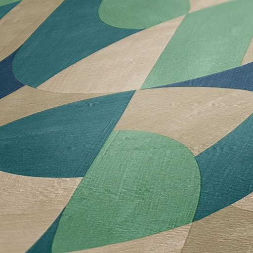 Változatos ívelt formák kissé absztrakt geometriai mintája krém bézs kék zöld és türkiz tónus tapéta