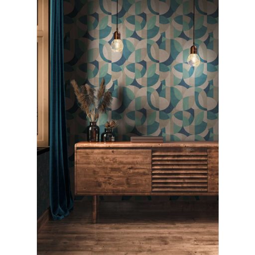 Változatos ívelt formák kissé absztrakt geometriai mintája krém bézs kék zöld és türkiz tónus tapéta