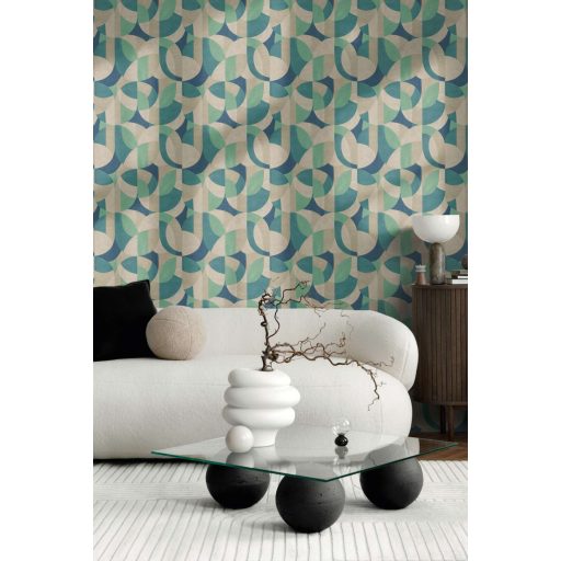 Változatos ívelt formák kissé absztrakt geometriai mintája krém bézs kék zöld és türkiz tónus tapéta