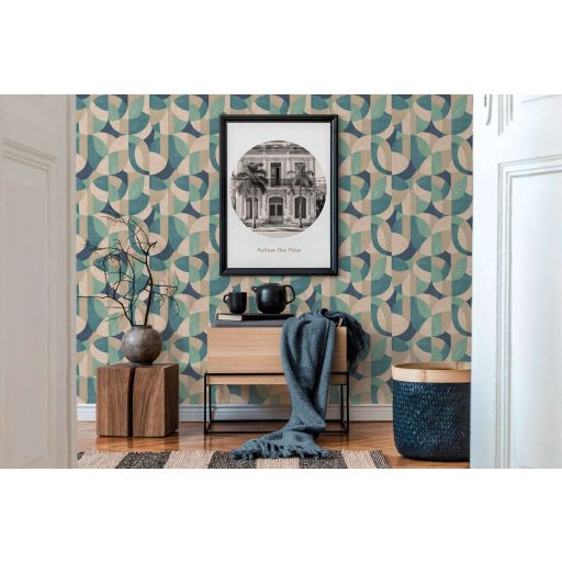 Változatos ívelt formák kissé absztrakt geometriai mintája krém bézs kék zöld és türkiz tónus tapéta