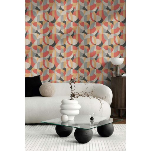 Változatos ívelt formák kissé absztrakt geometriai mintája világosszürke sárgásbézs téglapiros szürke és fekete tónus tapéta