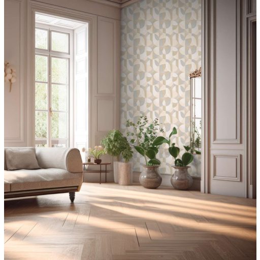 Változatos ívelt formák kissé absztrakt geometriai mintája fehér krém szürke és bézs/szürkésbézs tónus tapéta