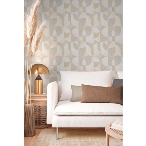 Változatos ívelt formák kissé absztrakt geometriai mintája fehér krém szürke és bézs/szürkésbézs tónus tapéta