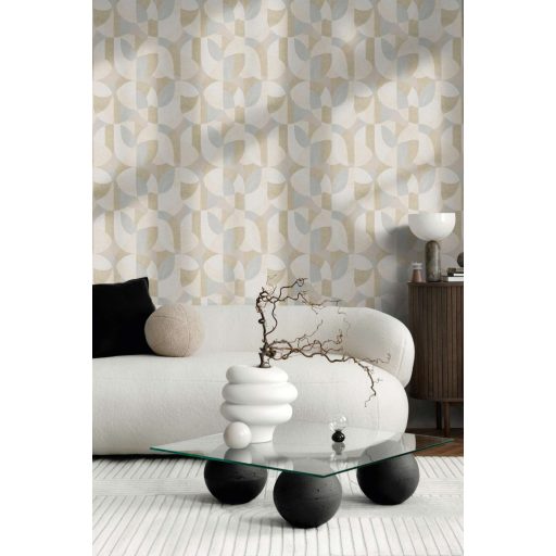 Változatos ívelt formák kissé absztrakt geometriai mintája fehér krém szürke és bézs/szürkésbézs tónus tapéta