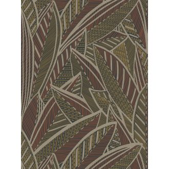   A botanika és a grafika találkozása -  nagyméretű levelek kissé naív mintája sötétbarna vörös bézsarany és aranysárga tónus tapéta