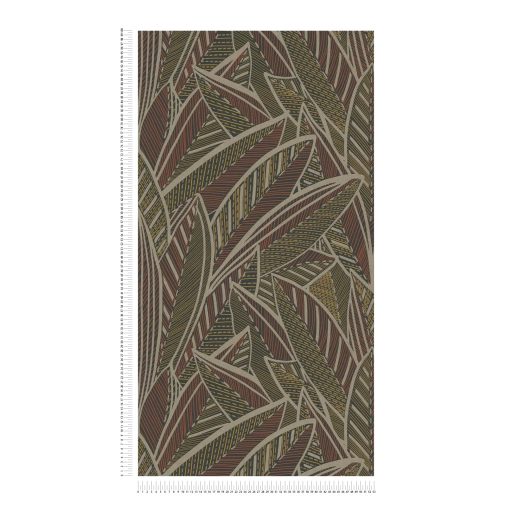 A botanika és a grafika találkozása -  nagyméretű levelek kissé naív mintája sötétbarna vörös bézsarany és aranysárga tónus tapéta