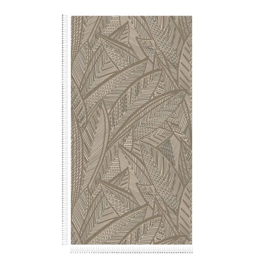 A botanika és a grafika találkozása -  nagyméretű levelek kissé naív mintája bézs fekete és bézsarany tónus tapéta