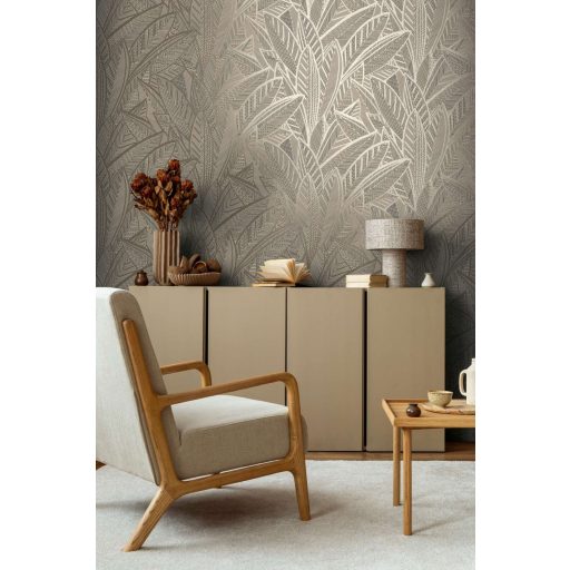 A botanika és a grafika találkozása -  nagyméretű levelek kissé naív mintája bézs fekete és bézsarany tónus tapéta