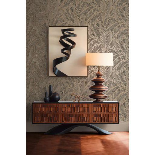 A botanika és a grafika találkozása -  nagyméretű levelek kissé naív mintája bézs fekete és bézsarany tónus tapéta