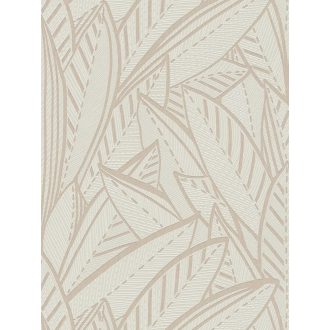   A botanika és a grafika találkozása -  nagyméretű levelek kissé naív mintája krémfehér bézs és bézsarany tónus tapéta