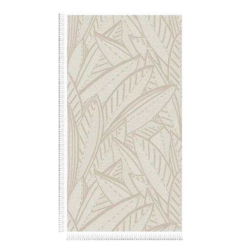 A botanika és a grafika találkozása -  nagyméretű levelek kissé naív mintája krémfehér bézs és bézsarany tónus tapéta