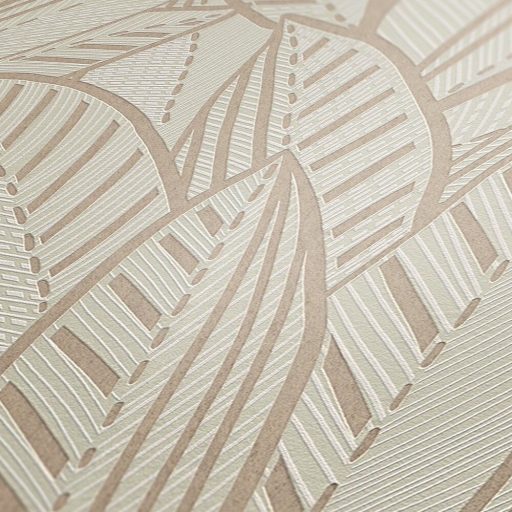 A botanika és a grafika találkozása -  nagyméretű levelek kissé naív mintája krémfehér bézs és bézsarany tónus tapéta