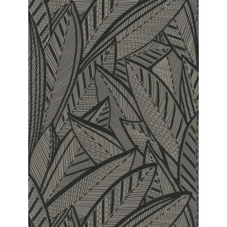   A botanika és a grafika találkozása -  nagyméretű levelek kissé naív mintája fekete sötétszürke és bézs tónus tapéta