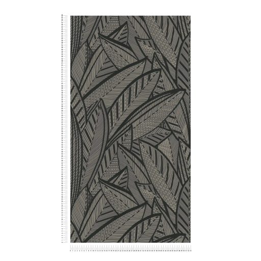 A botanika és a grafika találkozása -  nagyméretű levelek kissé naív mintája fekete sötétszürke és bézs tónus tapéta