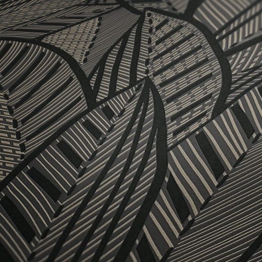 A botanika és a grafika találkozása -  nagyméretű levelek kissé naív mintája fekete sötétszürke és bézs tónus tapéta