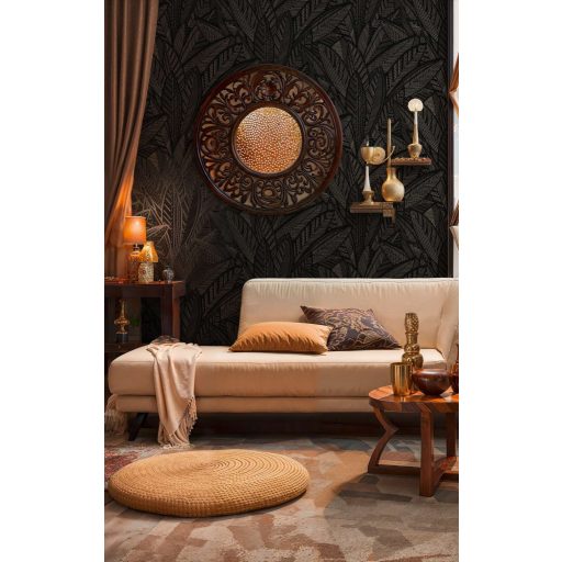 A botanika és a grafika találkozása -  nagyméretű levelek kissé naív mintája fekete sötétszürke és bézs tónus tapéta