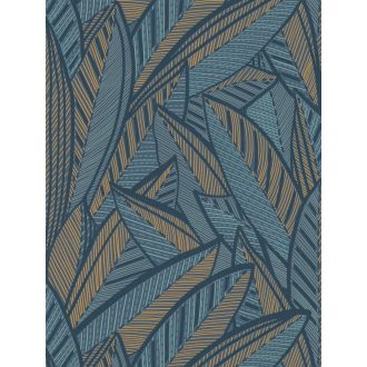   A botanika és a grafika találkozása -  nagyméretű levelek kissé naív mintája sötétkék türkiz világoskék és aranysárga tónus tapéta