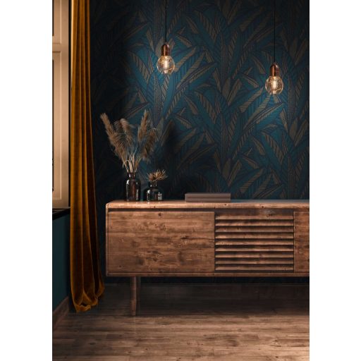 A botanika és a grafika találkozása -  nagyméretű levelek kissé naív mintája sötétkék türkiz világoskék és aranysárga tónus tapéta