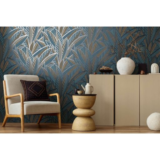 A botanika és a grafika találkozása -  nagyméretű levelek kissé naív mintája sötétkék türkiz világoskék és aranysárga tónus tapéta