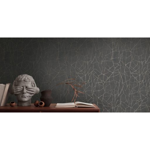 Töredezett mozaikra emlékeztető strukturált grafikus minta antracit és arany fényes mintarajzolat tapéta