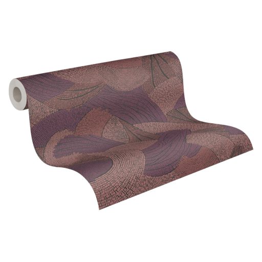 Mozgalmas ívelt formákkal kialakított grafikus minta lila vörösesbarna és fekete tónus tapéta