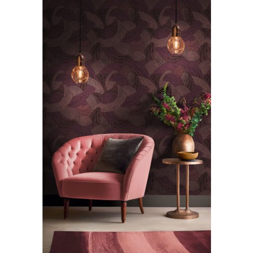 Mozgalmas ívelt formákkal kialakított grafikus minta lila vörösesbarna és fekete tónus tapéta