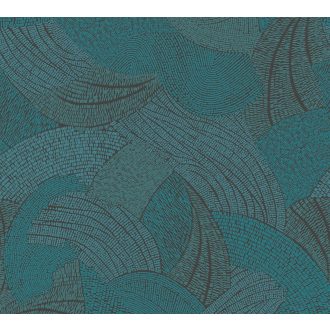   Mozgalmas ívelt formákkal kialakított grafikus minta kék zöld zöldeskék/petrol/ és fekete tónus tapéta