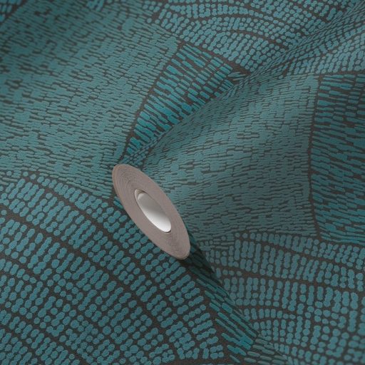 Mozgalmas ívelt formákkal kialakított grafikus minta kék zöld zöldeskék/petrol/ és fekete tónus tapéta