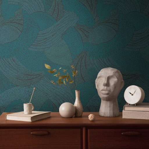 Mozgalmas ívelt formákkal kialakított grafikus minta kék zöld zöldeskék/petrol/ és fekete tónus tapéta