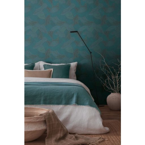 Mozgalmas ívelt formákkal kialakított grafikus minta kék zöld zöldeskék/petrol/ és fekete tónus tapéta