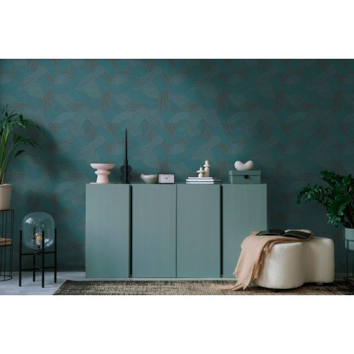 Mozgalmas ívelt formákkal kialakított grafikus minta kék zöld zöldeskék/petrol/ és fekete tónus tapéta