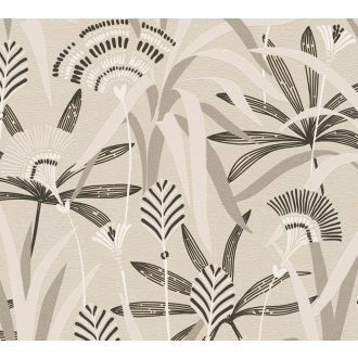   Változatos levelek grafikus mintája Art deco jegyekkel világosszürke fehér fekete és ezüst enyhe fény tapéta