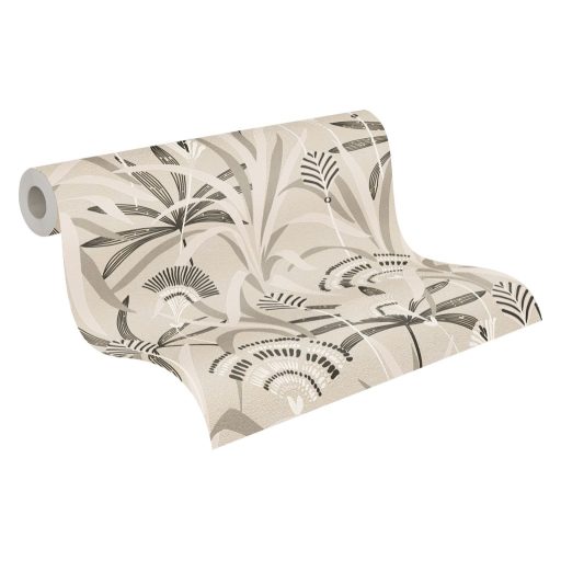 Változatos levelek grafikus mintája Art deco jegyekkel világosszürke fehér fekete és ezüst enyhe fény tapéta